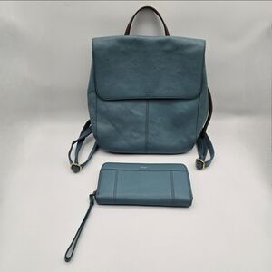 Fossil Claire Caribbean Turquoise Blue Genuine Leather Backpack & Wallet Set